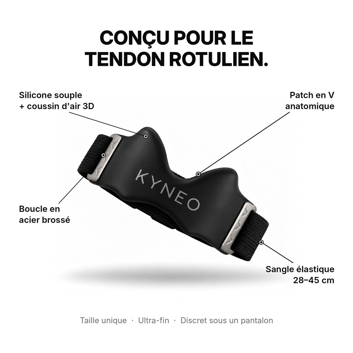 Strap rotulien KYNEO : patch en V anatomique, silicone souple, boucle en acier brossé, sangle élastique 28–45 cm