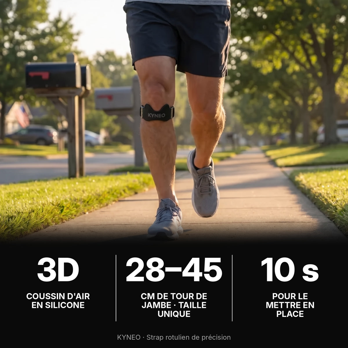 Coureur avec le strap rotulien KYNEO : coussin d'air 3D, taille unique 28–45 cm, en place en 10 secondes