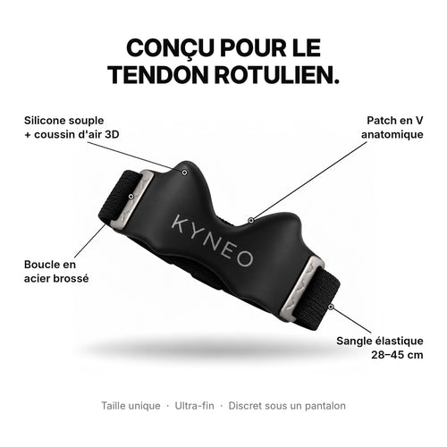 Strap rotulien KYNEO : patch en V anatomique, silicone souple, boucle en acier brossé, sangle élastique 28–45 cm